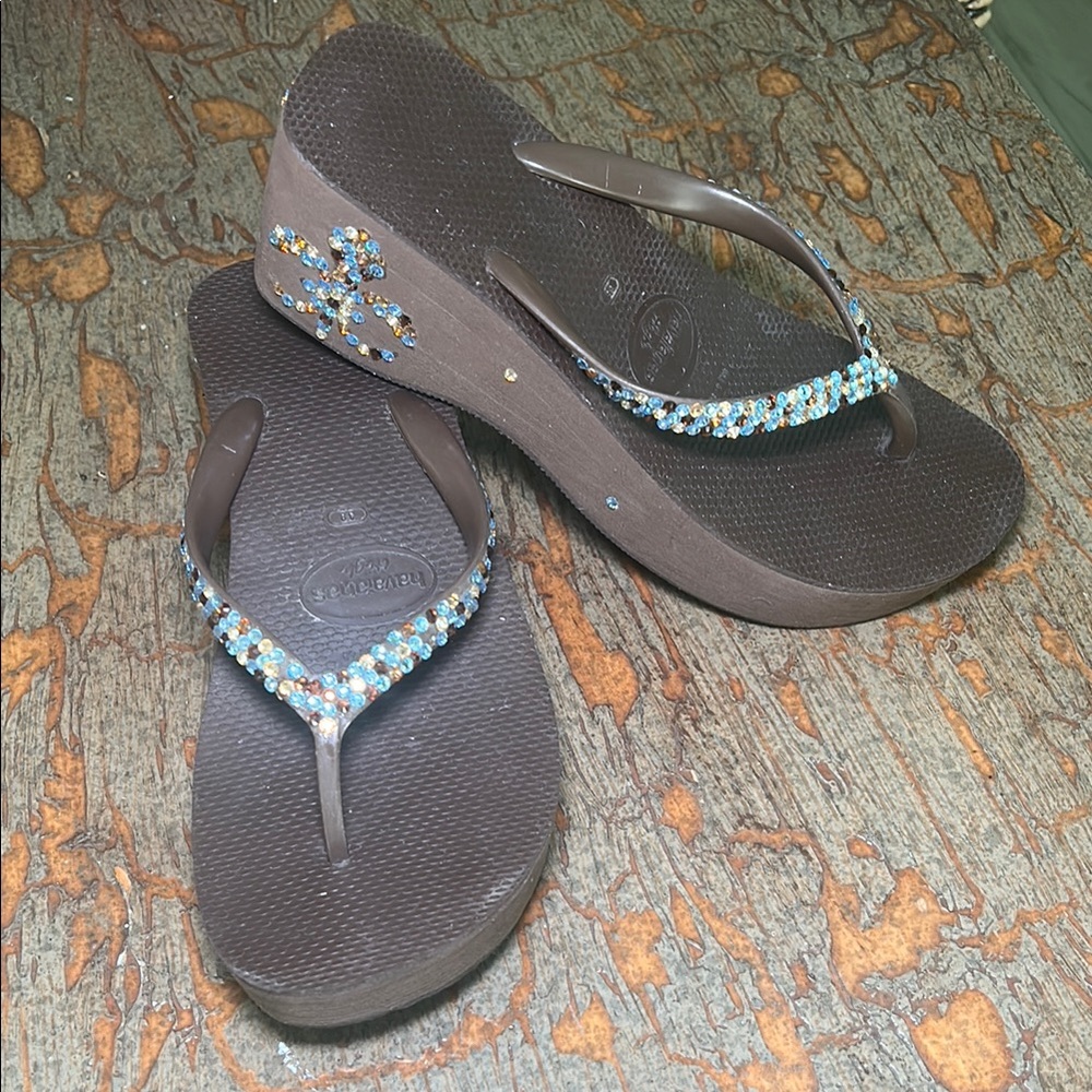 Embellished Brown Wedge Sandals